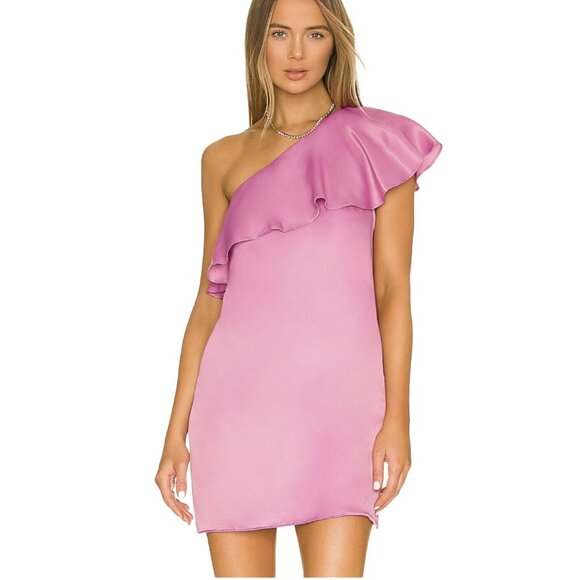 Revolve Krisa One Shoulder Ruffle Pink Mini Dress Size Small NWT - Picture 1 of 7